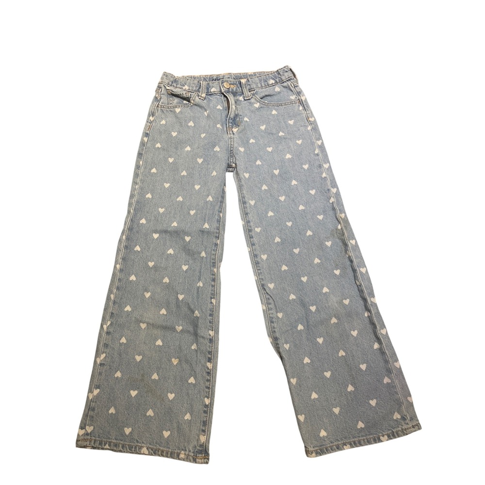 Old Navy Jeans Girls Sz 12 Heart Print High‎ Rise Baggy Wide Leg Light Wash Blue